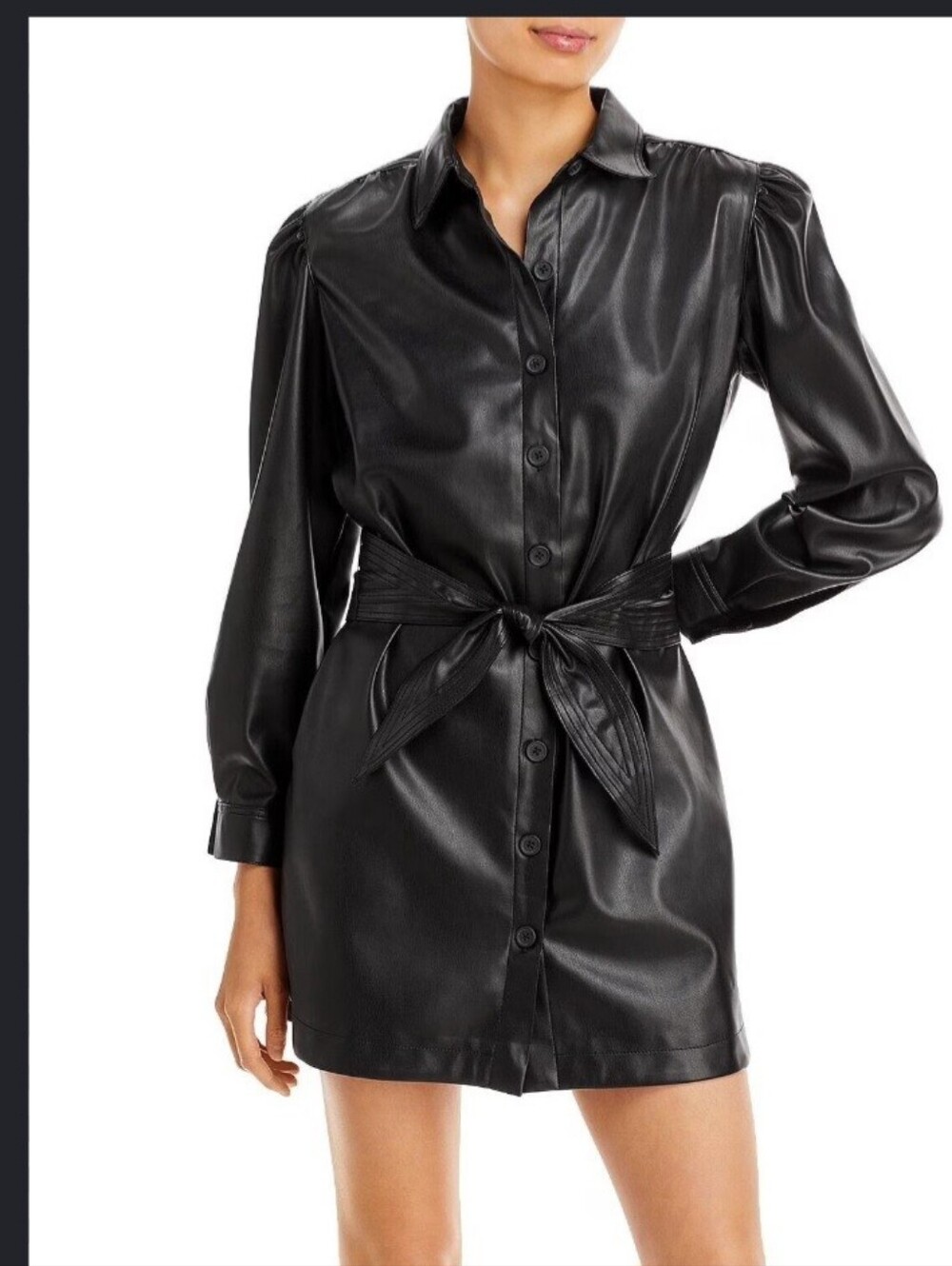 New Steve Madden Belted Faux Leather Office Outing Shirt Dress Sz L black